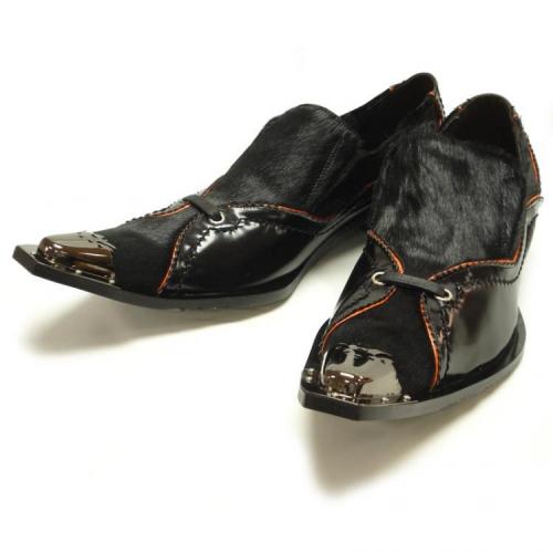 Fiesso Black/Orange Trimming With Marbleized Pony Hair Pointed Toe Metal Tip Leather Shoes FI6351